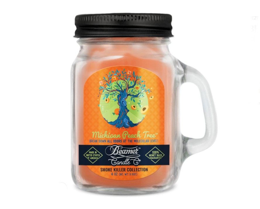 Smoke Killer illatgyertya üvegedényben, füllel és fém kupakkal – Michigan Peach Tree - kicsi